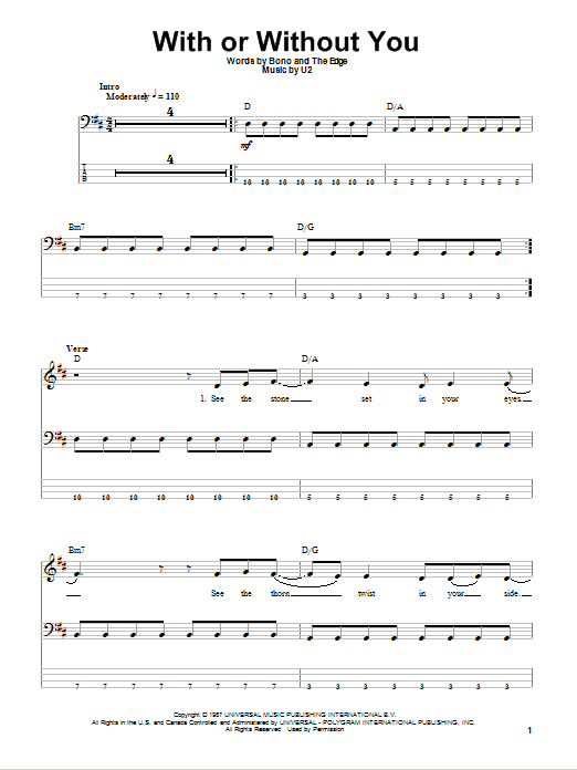 The One And Only - Tablature (rhythm. values) for bass guitar